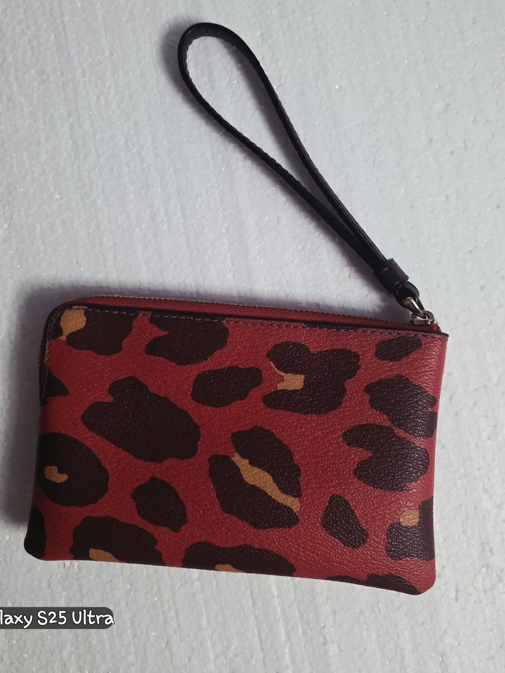 Coach Red Leopard Print Wristlet with Black Strap